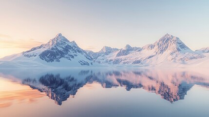 Serene snowy mountain range reflecting in calm water at sunset.