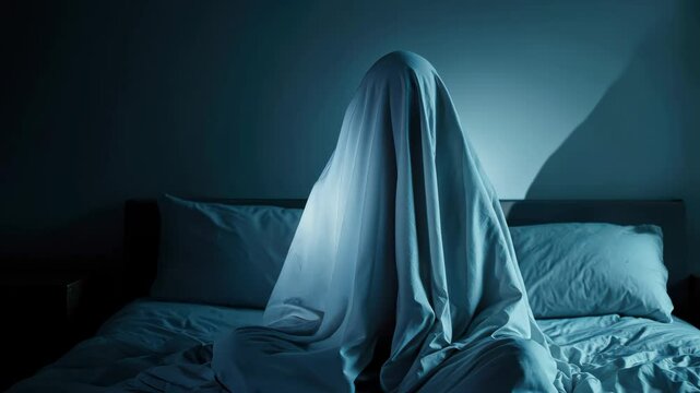 Person under bed sheet in dark bedroom resembling ghostly figure in dim light with eerie atmosphere, halloween concept.