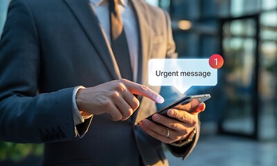 Man in Suit Holding Cellphone with Urgent Message Notification
