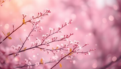 Obraz premium Delicate pink blossoms on branches, soft focus, springtime aesthetic.