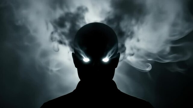 Silhouette of a Human Head Surrounded by Dreamy Smoke with Glowing Eyes in a Dark Setting