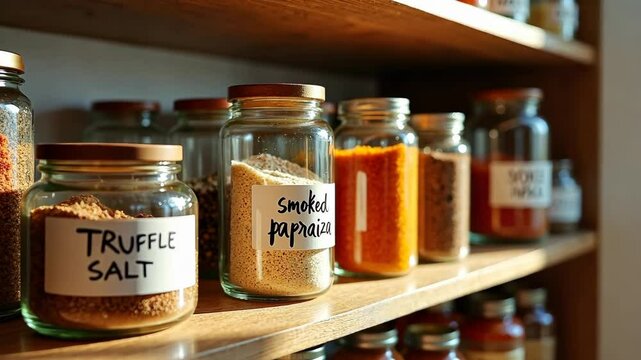 A modern pantry shelf organized with jars of gourmet ingredients truffle salt, smoked paprika, yuzu powder sunlight filtering.