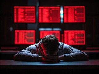 Person with head down in front of glowing red screens, expressing stress or exhaustion.