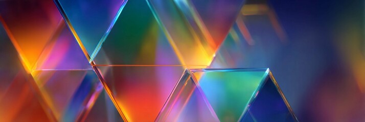 A modern abstract background featuring intersecting glass triangles creating prismatic light effects and vibrant gradient reflections. This futuristic geometric composition works perfectly for tech