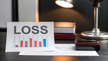 Loss report on a desk with charts, lamp, and paperwork, reflecting financial challenges.