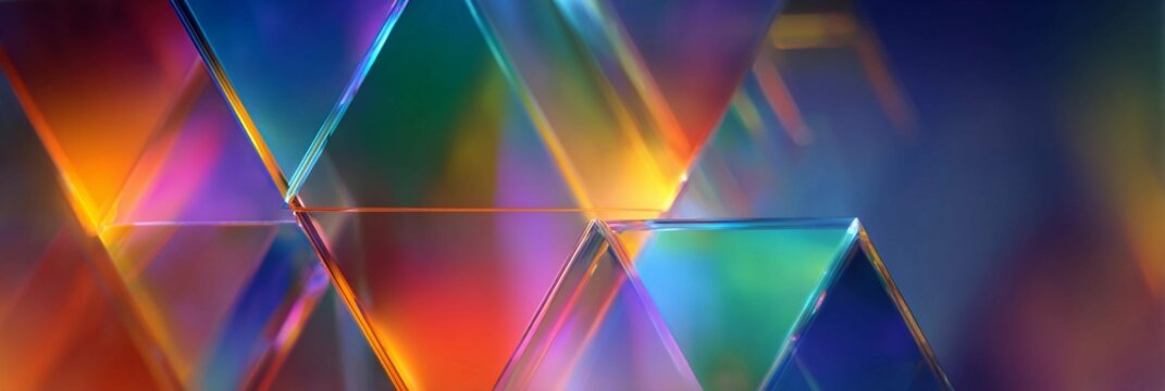 A modern abstract background featuring intersecting glass triangles creating prismatic light effects and vibrant gradient reflections. This futuristic geometric composition works perfectly for tech
