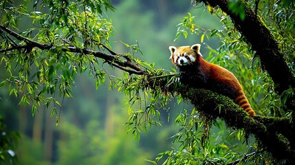 Red Panda Perched on Mossy Branch in Lush Green Forest During Rain