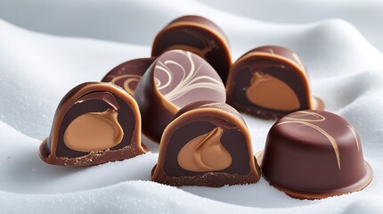 Luxurious handmade gourmet candy with rich chocolate ganache filling, sliced to reveal creamy texture, isolated on white background for premium dessert, confectionery, or packaging design.