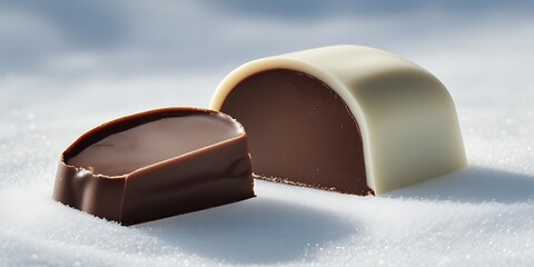 Luxurious handmade gourmet candy with rich chocolate ganache filling, sliced to reveal creamy texture, isolated on white background for premium dessert, confectionery, or packaging design.