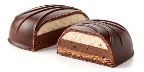 Luxurious handmade gourmet candy with rich chocolate ganache filling, sliced to reveal creamy texture, isolated on white background for premium dessert, confectionery, or packaging design.