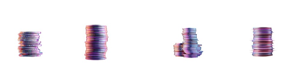 3D holographic coin stack with purple neon effect, isolated on a dark background. Render of iridescent chrome coin pile, game token, casino chip, digital currency, or treasure. 3D vector il 92902187 1