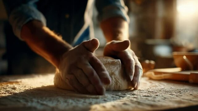 In a cozy kitchen, skilled hands work the dough with passion, creating fluffy bread. Flour dances in the golden sunlight, enhancing the joyful process of baking.