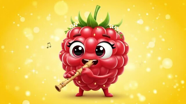 A cute cartoon raspberry character playing a small wooden flute.