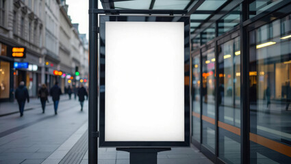 Blank advertising billboard stands ready for your message in a bustling city street location with passersby
