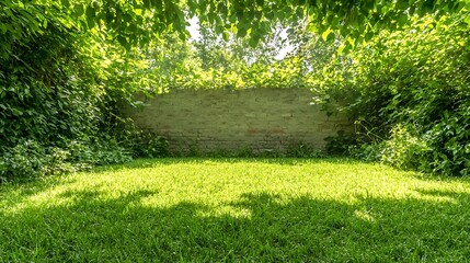 Obraz premium Sunny Garden Lawn with Brick Wall and Greenery