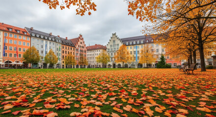 Obraz premium Autumnal Square with Colorful Buildings and Fallen Leaves Scenic View.