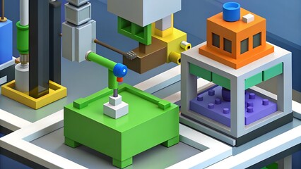 Isometric factory equipment with green robotic platform and colorful industrial components in modern setup
