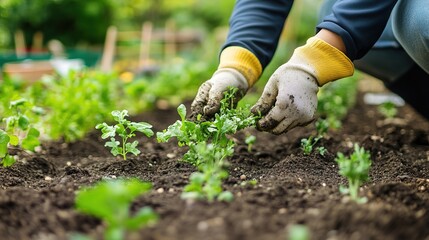 Person wearing gloves planting young green seedlings in fresh soil in a garden.
