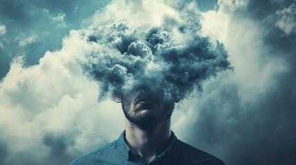 A man"s head blends into a swirling, turbulent cloud, symbolizing a storm of thoughts or mental fog.