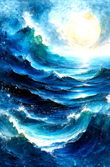 Sunlit Celestial Ocean Waves in Abstract Light, Dreamlike Flow of a Cosmic Sea -Generative AI
