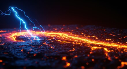 Electric Blue Lightning Striking Molten Lava Flow Fiery Volcanic Digital Art