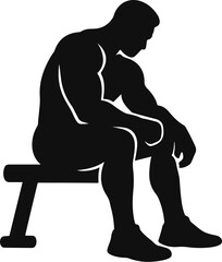 Fototapeta premium Vector icon of muscular male figure sitting on gym bench in silhouette style with bowed head and arms resting on knees, symbolizing strength, introspection, rest, physical recovery, fitness discipline