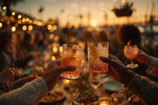 Friends celebrate life with mocktails at sunset by the waterfront