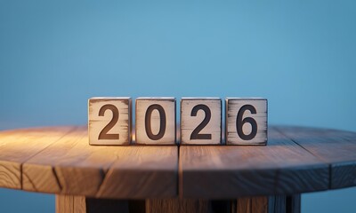 Wooden Blocks Displaying 2026 on Rustic Table in Soft Light