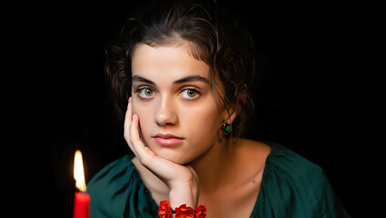 Young woman with green eyes and red candle dark hair green dress