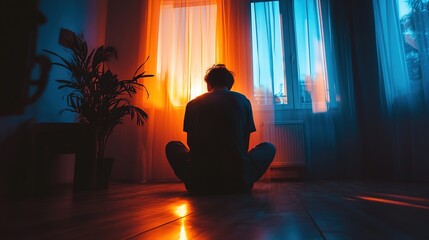 A person sits cross-legged on a wooden floor, silhouetted against vibrant orange and blue light streaming through large window curtains.