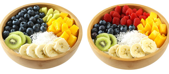 Vibrant Fruit Bowls with Mango, Kiwi, Raspberries, Blueberries and Banana slices