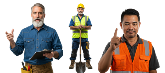 Three Construction Workers in Safety Gear: Two Middle-Aged Men and One Young Man, Engaged in Communication at a Worksite