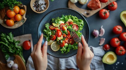 Fresh, colorful salad with cherry tomatoes, avocado, and greens being eaten, surrounded by fresh vegetables and ingredients on a dark surface.