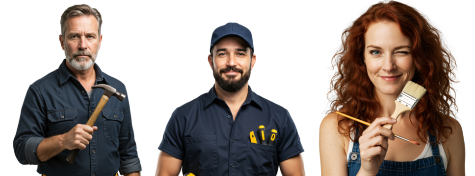 A Group of Three Skilled Tradespeople: A Mature Caucasian Man, a Young Hispanic Man, and a Young Woman with Red Hair, Each Holding Tools Related to Their Craft