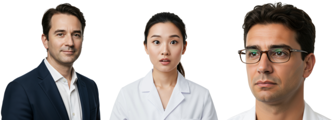 Portrait of Three Diverse Medical Professionals: A Caucasian Male, an Asian Female, and a Hispanic Male in Professional Attire Against a Dark Background