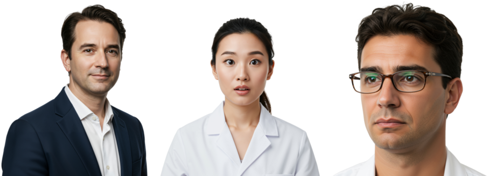 Portrait of Three Diverse Medical Professionals: A Caucasian Male, an Asian Female, and a Hispanic Male in Professional Attire Against a Dark Background
