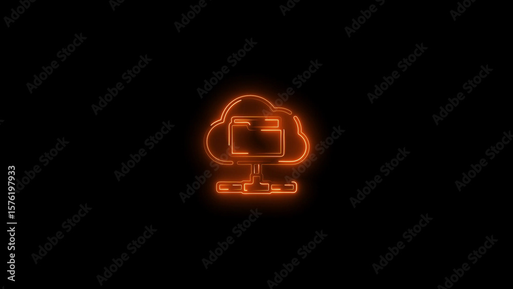 Poster neon cloud storage icon depicting secure data connection and file management on a dark background