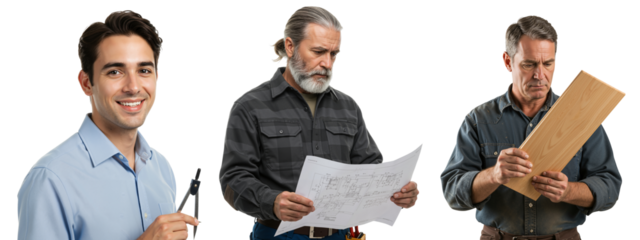 A Study of Three Men in Various Ages and Professions Engaged in Work: A Young Architect, a Middle-aged Designer, and an Older Craftsman Analyzing Designs or Blueprints