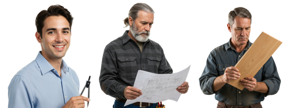 A Study of Three Men in Various Ages and Professions Engaged in Work: A Young Architect, a Middle-aged Designer, and an Older Craftsman Analyzing Designs or Blueprints