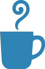 Vector icon of a blue silhouette coffee cup with handle and rising steam swirl, symbolizing hot beverage, morning refreshment, caffeine boost, café branding, cozy ambiance, energy drink concept, and m