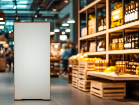 Vertical blank billboard in liquor store with wine bottles and natural product display, warm lighting, perfect for alcohol promotions and retail advertising