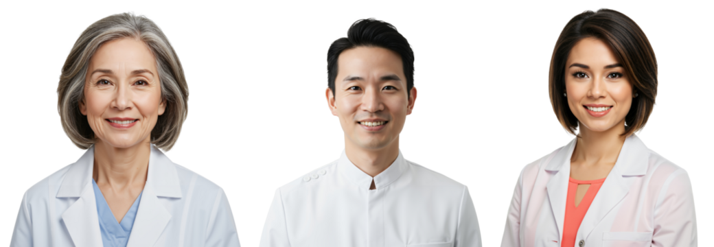 Diverse Group of Medical Professionals: A Senior Female Doctor, a Mid-Aged Male Physician, and a Young Female Healthcare Provider in Clinical Attire - Powered by Adobe