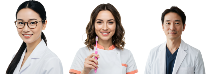 Three Health Professionals: A Young Asian Female Doctor with Glasses, a Smiling Caucasian Female Nurse Holding a Syringe, and an Experienced Asian Male Physician in a Lab Coat