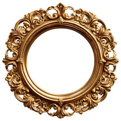 Ornate vintage gold oval frame with intricate scrollwork and acanthus leaf motifs isolated on transparent background