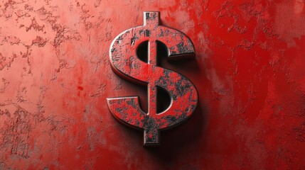 Grunge red metallic dollar sign on textured background.
