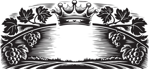 crown with ornate flourishes, grape vines illustration