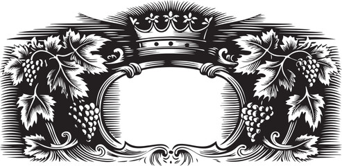 crown with ornate flourishes, grape vines illustration
