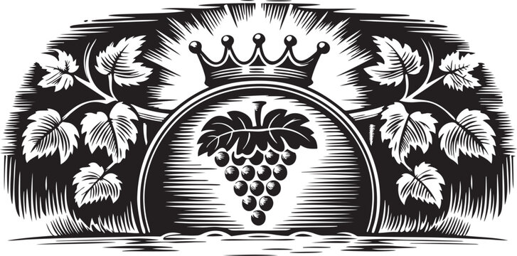 crown with ornate flourishes, grape vines illustration