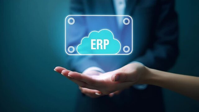 Flat Hand Holding Holographic ERP Integration Deployment Icon: A Minimalist Vector Illustration of Cloud-Based ERP Solutions for Smart Business Management