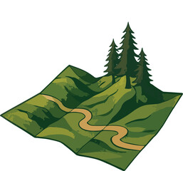 Vector illustration of a stylized forest trail map with winding path, pine trees, and hilly terrain, symbolizing outdoor exploration, adventure travel, nature trails, hiking routes, scenic navigation, © Freelancing